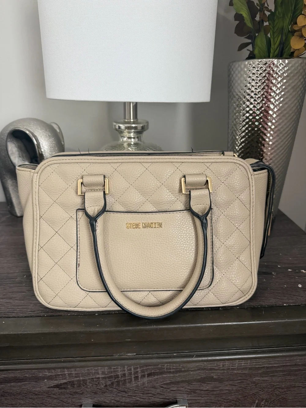 Steve Madden Quilted Beige Satchel with Black Trim